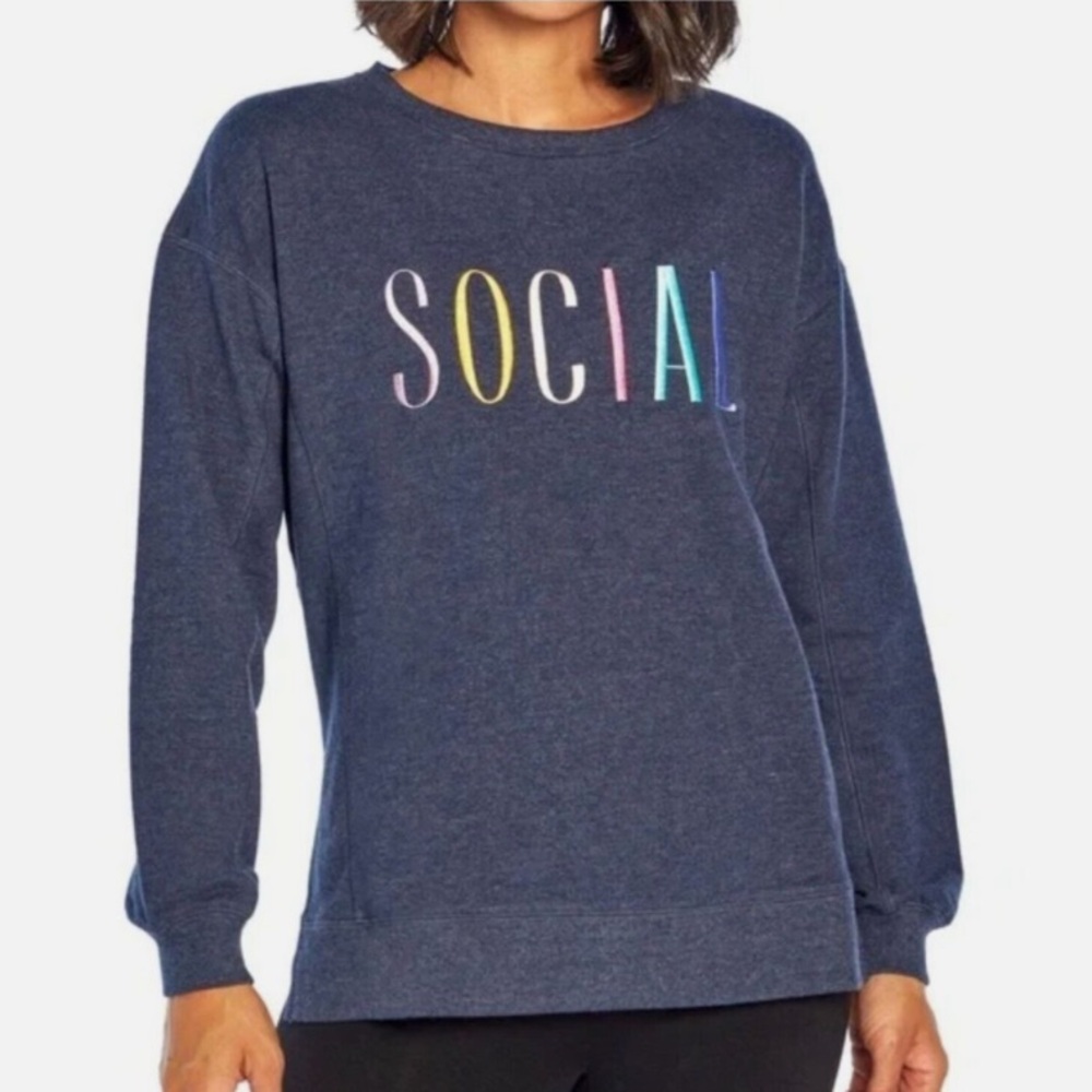 Wildfox Statements Sweatshirt in Navy Blue Embroidered Social Pullover Size XS